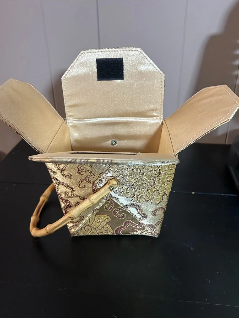 Asian Brocade Vanity Box Bamboo Handle Mirror Jewelry Sewing Trinket Box